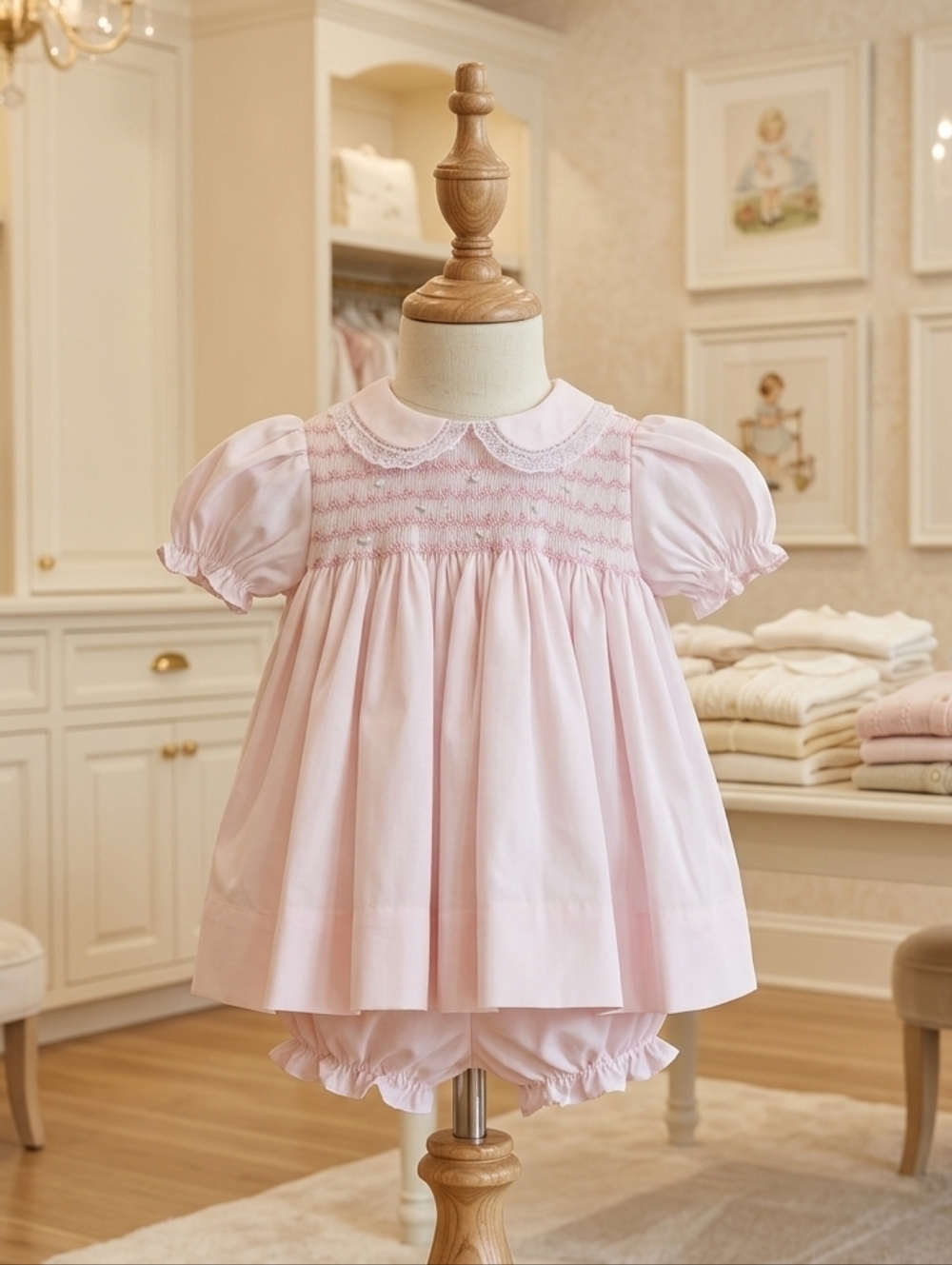 Petit Ami Pink Floral Smocked Baby Dress Set with Bonnet